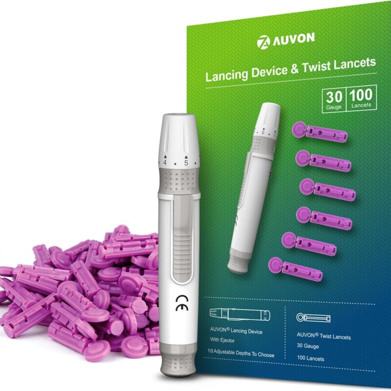 AUVON Lancing Device with Less Pain Design – Blood Sampling Pen with 100 pcs 30G Twist-Top Lancets for Blood Sugar Monitoring