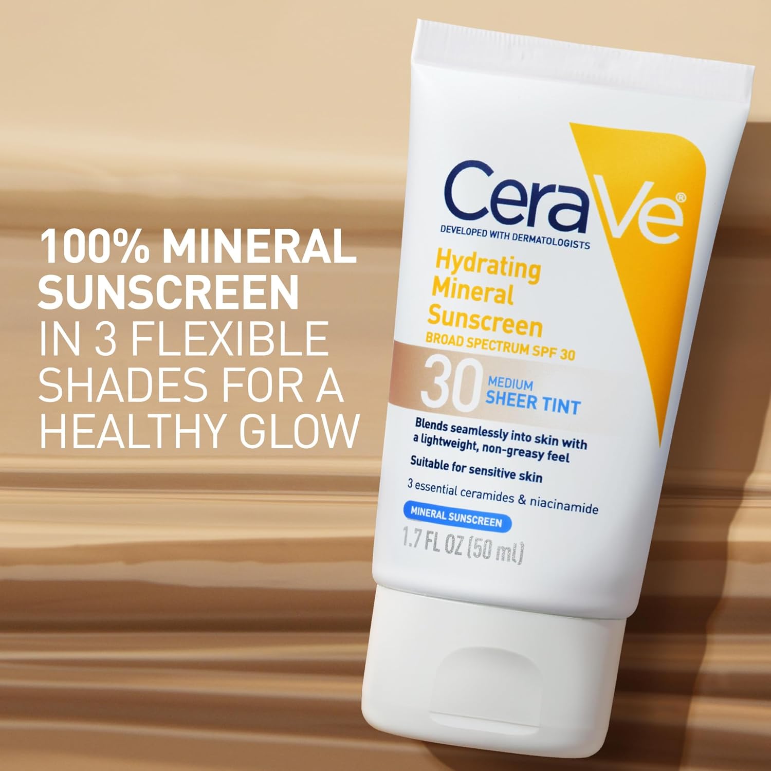 CeraVe Hydrating Mineral Sunscreen SPF 30 with Sheer Tint – Tinted 100% Mineral Face Sunscreen with Zinc Oxide & Titanium Dioxide (1.7 oz) - Image 2