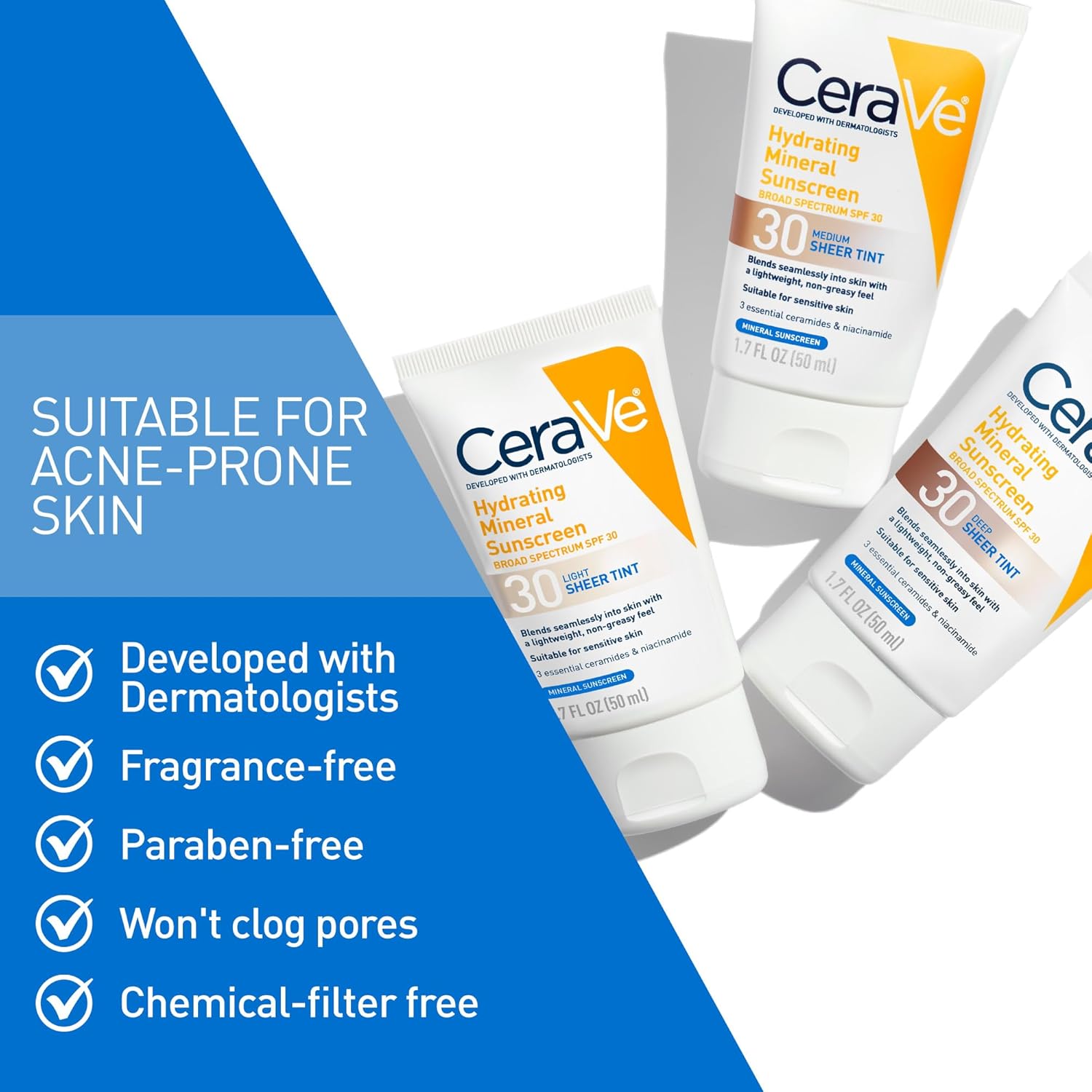 CeraVe Hydrating Mineral Sunscreen SPF 30 with Sheer Tint – Tinted 100% Mineral Face Sunscreen with Zinc Oxide & Titanium Dioxide (1.7 oz) - Image 4