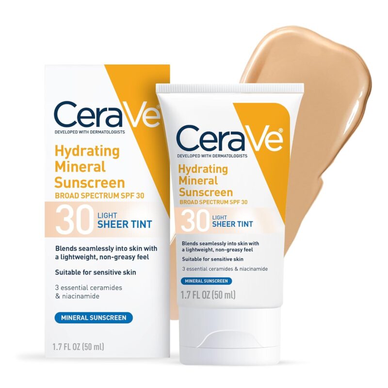 CeraVe Hydrating Mineral Sunscreen SPF 30 with Sheer Tint – Tinted 100% Mineral Face Sunscreen with Zinc Oxide & Titanium Dioxide (1.7 oz)