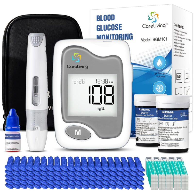 CareLiving BGM101 Blood Glucose Monitor Kit – Complete Diabetes Testing Kit with 100 Test Strips, 100 Lancets, Lancing Device & Carry Case