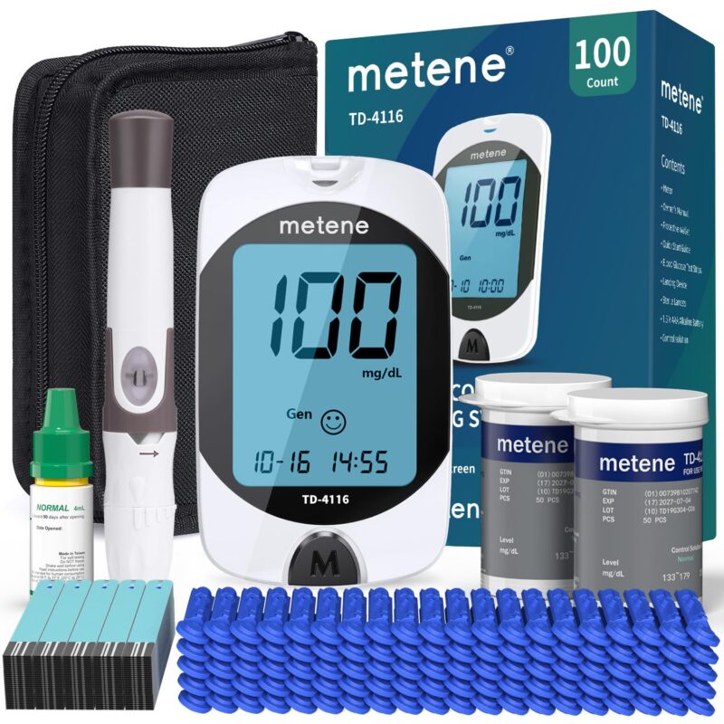 Metene TD-4116 Blood Glucose Monitor Kit – No Coding Glucometer with Large Display, 100 Test Strips, 100 Lancets, Control Solution & Lancing Device