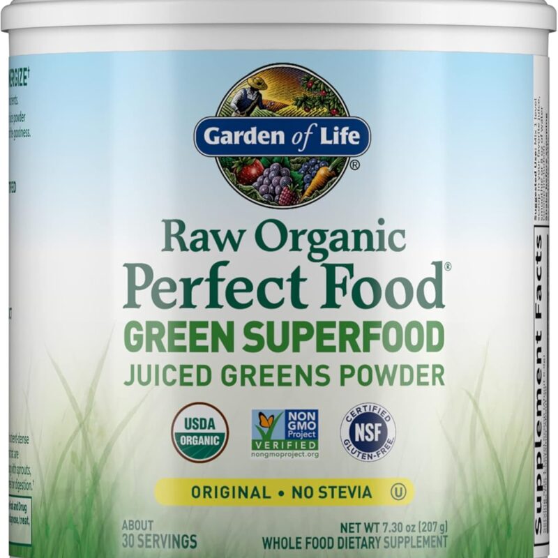 Garden of Life Raw Organic Perfect Food Green Superfood Juiced Greens Powder - Original Stevia-Free, 30 Servings, Non-GMO, Gluten Free Whole Food Dietary Supplement, Alkalize, Detoxify, Energize