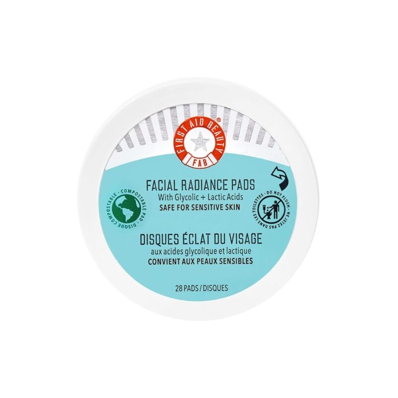 First Aid Beauty - Facial Radiance Pads with Glycolic & Lactic Acids, Daily Exfoliating Pads with AHA, Visibly Smaller Pores, Help Tone & Brighten Skin, One-Step Makeup Prep, Compostable, 28