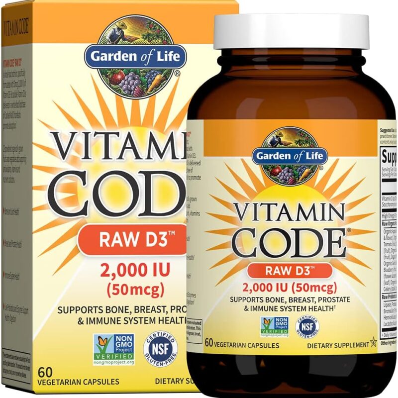 Garden of Life Vitamin D, Vitamin Code Raw D3, Vitamin D 2,000 IU, Raw Whole Food D3 Supplements with Chlorella, Fruit, Veggies & Probiotics for Bone & Immune Health, 60 Vegetarian Capsules