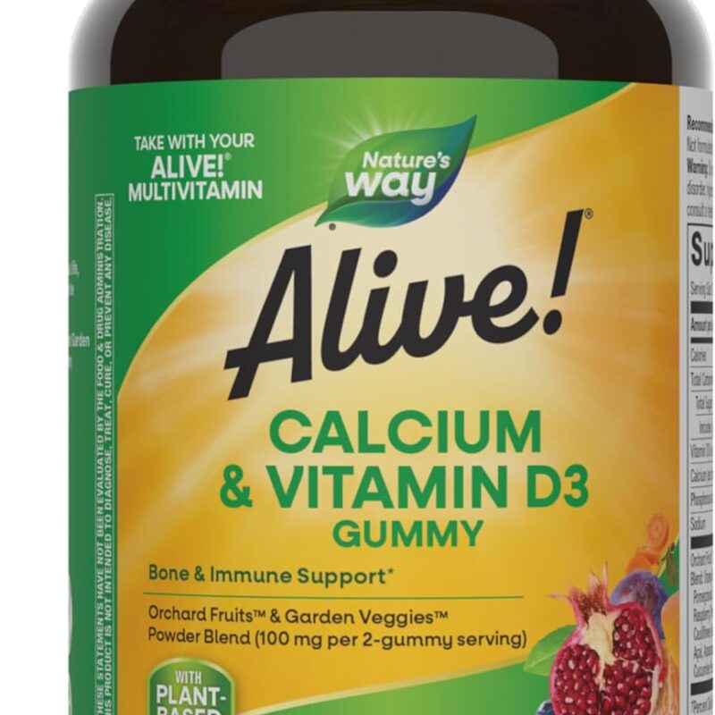 Nature's Way Alive! Daily Calcium & Vitamin D3 Gummies, Bone Support*, Immune Support*, Strawberry and Raspberry Lemonade Flavored, 60 Gummies