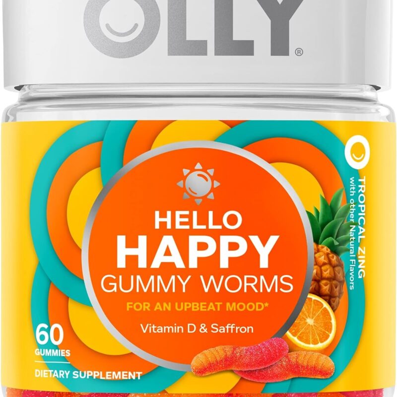 OLLY Hello Happy Gummy Worms, Mood Balance Support, Vitamin D, Saffron, Adult Chewable Supplement, Tropical Zing - 60 Count