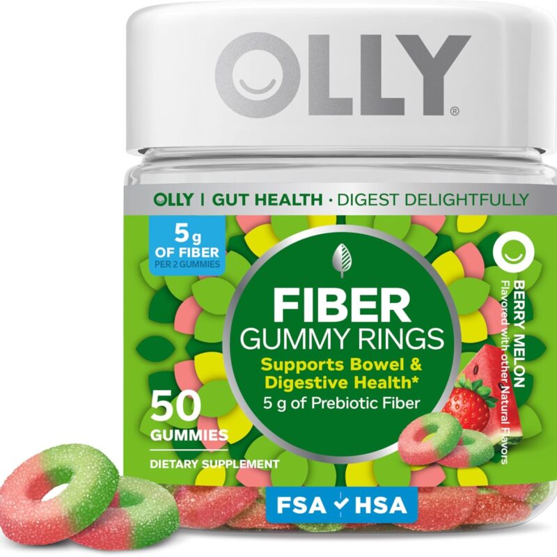 OLLY Fiber Gummy Rings, 5g Prebiotic Fiber, FOS (Fructo-oligosaccharides), Digestive Support, Berry Melon 50ct