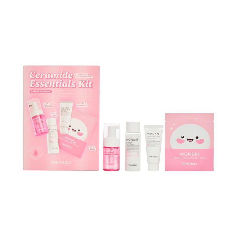 TONYMOLY Wonder Ceramide Mochi Essentials 4-Piece Skincare Set – Travel Toner, Cleanser, Cream & Eye Patches, Hydrating Korean Skincare Kit