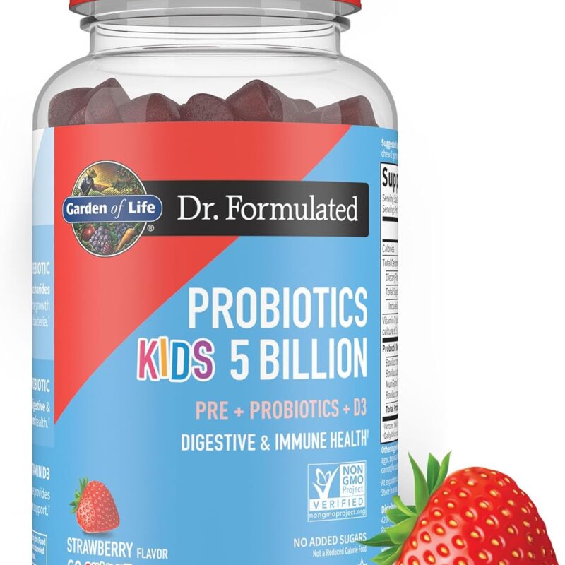 Garden of Life Dr Formulated 5 Billion CFU Prebiotic Fiber, Probiotic and Vitamin D3 Gummies for Kids Digestive & Immune Health – Gluten Free, Non GMO, No Added Sugars, Strawberry Flavor, 60 Gummies