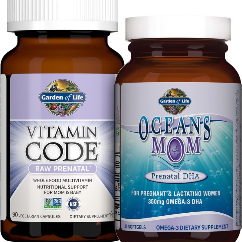 Garden of Life Prenatal Multi + DHA Bundle: Vitamin Code Raw Prenatal Multivitamin with Folate, 90 Vegetarian Capsules Plus Oceans Mom DHA Once Daily, 350mg DHA Fish Oil, 30 Strawberry Softgels